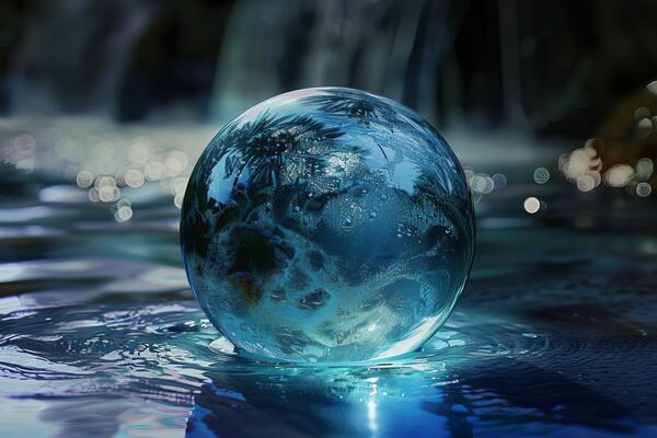 crystal-globe-on-water-surface-with-reflective-bokeh-background-photo